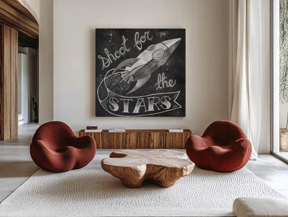 Shoot for the Stars by Mary Urban. Shown as extra-large giant wall art in a modern living room. Available as an archival giclee rolled canvas, fine art paper, or poster print. SKU 52662a.