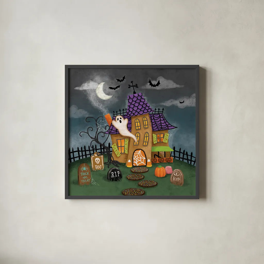 Spooky Shanty by Mary Urban. Shown in a sleek black glass frame for a contemporary gallery look. Available as an archival giclee rolled canvas, fine art paper, or poster print. SKU 57131a.