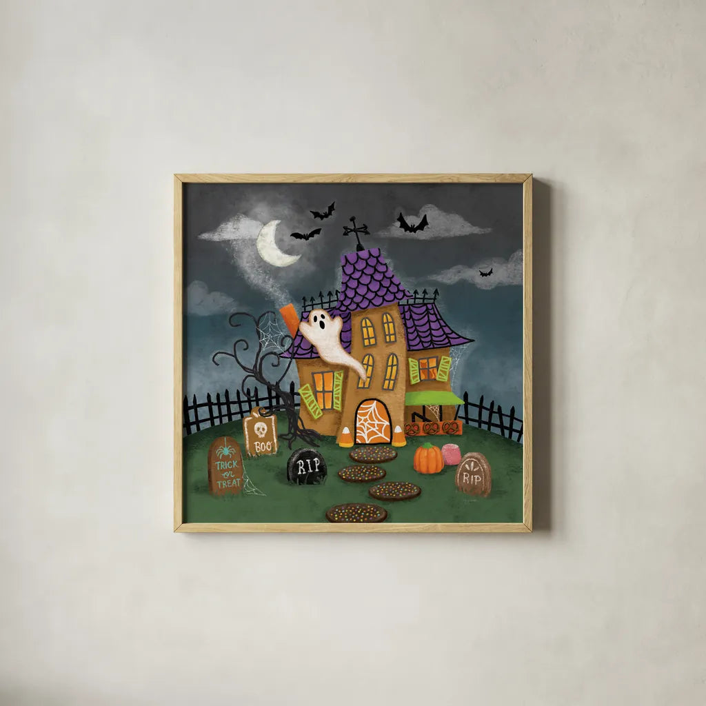 Spooky Shanty by Mary Urban. Shown in a natural wood glass frame for a timeless modern aesthetic. Available as an archival giclee rolled canvas, fine art paper, or poster print. SKU 57131a.