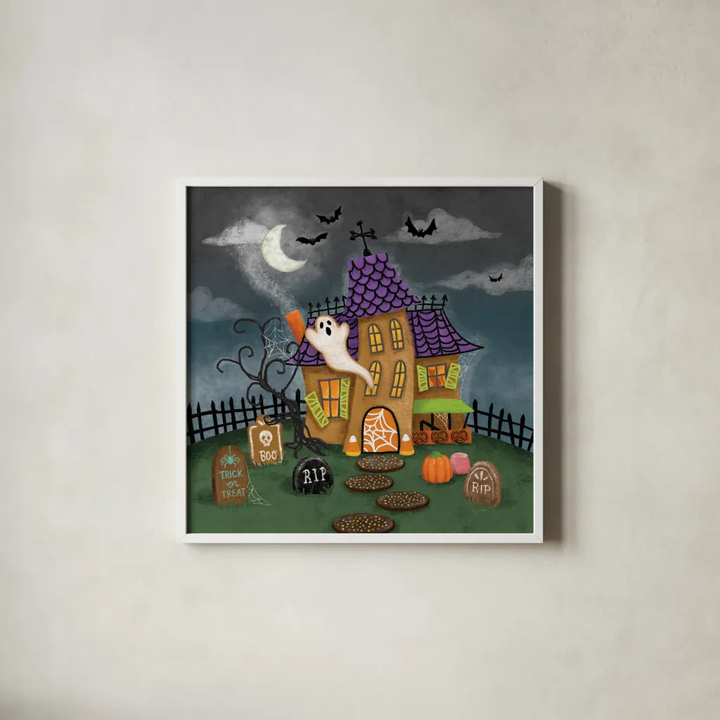 Spooky Shanty by Mary Urban. Shown in a crisp white glass frame for a clean and minimalist style. Available as an archival giclee rolled canvas, fine art paper, or poster print. SKU 57131a.