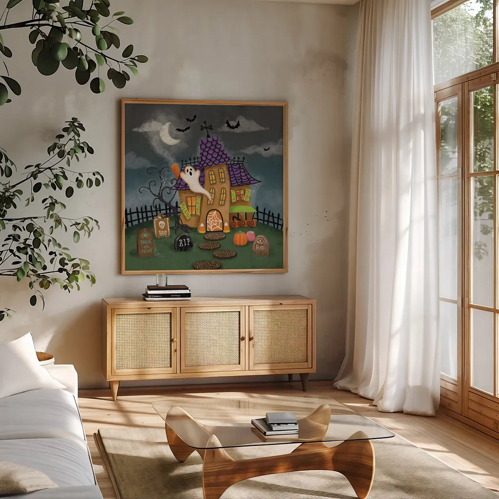 Spooky Shanty by Mary Urban. Shown in a natural wood frame in a cozy modern living room. Available as an archival giclee rolled canvas, fine art paper, or poster print. SKU 57131a.