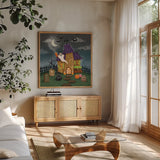 Spooky Shanty by Mary Urban. Shown in a natural wood frame in a cozy modern living room. Available as an archival giclee rolled canvas, fine art paper, or poster print. SKU 57131a.
