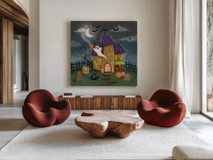Spooky Shanty by Mary Urban. Shown as extra-large giant wall art in a modern living room. Available as an archival giclee rolled canvas, fine art paper, or poster print. SKU 57131a.