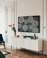 Stay Happy Cool III by Mary Urban. shown as a framed stretched canvas in a living room above a console. Available as a archival giclee rolled canvas, fine art paper, or poster print. SKU 19846i.
