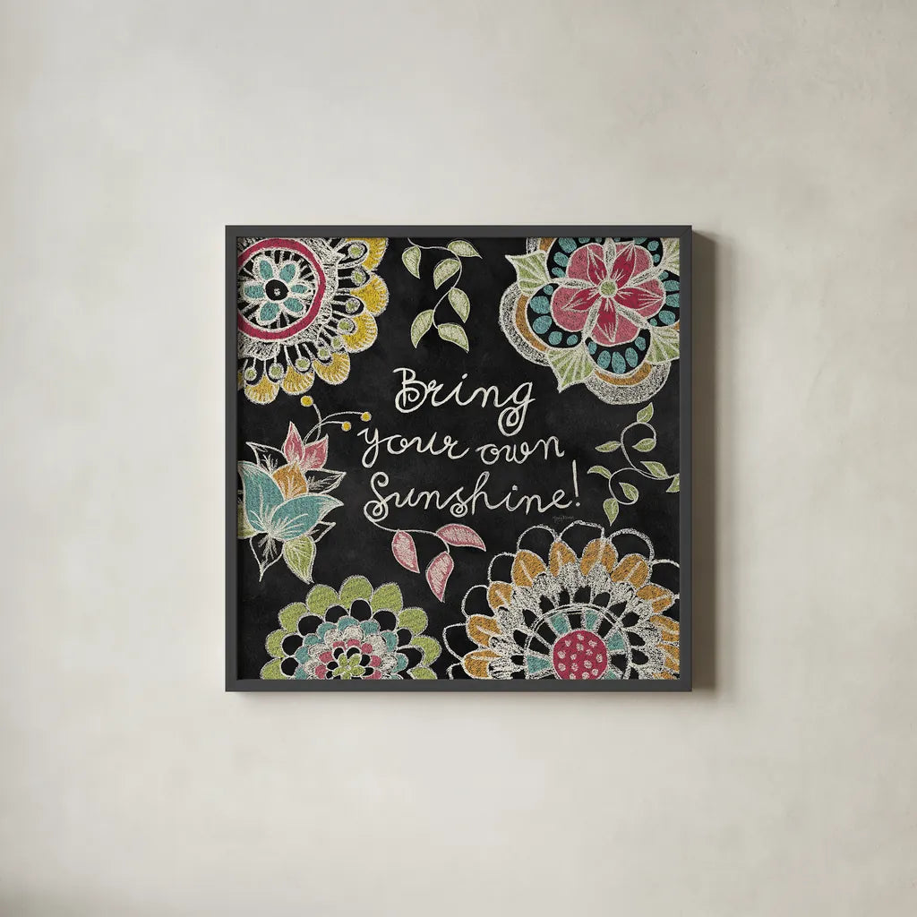 Stay Happy I by Mary Urban. Shown in a sleek black glass frame for a contemporary gallery look. Available as an archival giclee rolled canvas, fine art paper, or poster print. SKU 15760a.