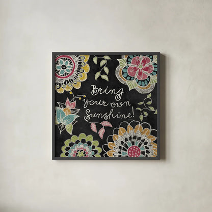 Stay Happy I by Mary Urban. Shown in a sleek black glass frame for a contemporary gallery look. Available as an archival giclee rolled canvas, fine art paper, or poster print. SKU 15760a.