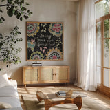 Stay Happy I by Mary Urban. Shown in a natural wood frame in a cozy modern living room. Available as an archival giclee rolled canvas, fine art paper, or poster print. SKU 15760a.