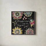 Stay Happy II by Mary Urban. Shown in a sleek black glass frame for a contemporary gallery look. Available as an archival giclee rolled canvas, fine art paper, or poster print. SKU 15761a.