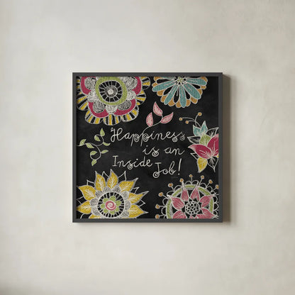 Stay Happy II by Mary Urban. Shown in a sleek black glass frame for a contemporary gallery look. Available as an archival giclee rolled canvas, fine art paper, or poster print. SKU 15761a.