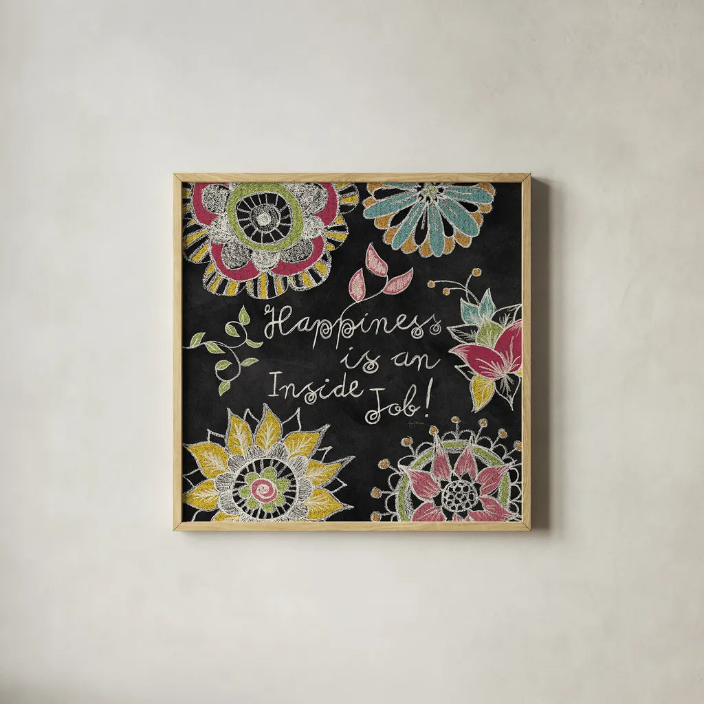 Stay Happy II by Mary Urban. Shown in a natural wood glass frame for a timeless modern aesthetic. Available as an archival giclee rolled canvas, fine art paper, or poster print. SKU 15761a.