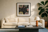 Stay Happy II by Mary Urban. Displayed in a glass frame with matte in a clean modern living room. Available as an archival giclee rolled canvas, fine art paper, or poster print. SKU 15761a.