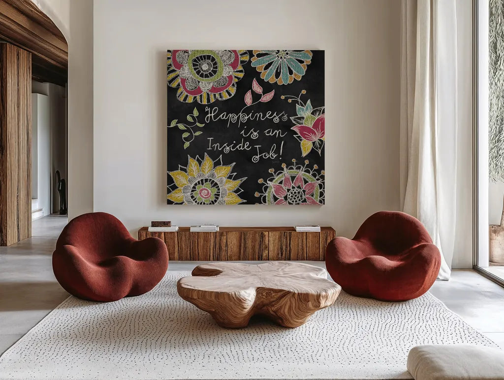 Stay Happy II by Mary Urban. Shown as extra-large giant wall art in a modern living room. Available as an archival giclee rolled canvas, fine art paper, or poster print. SKU 15761a.