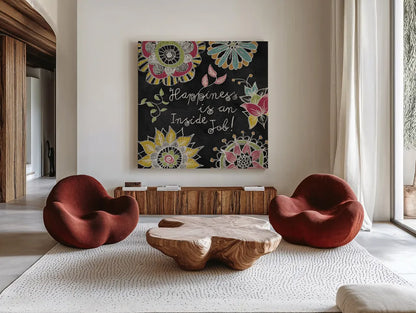 Stay Happy II by Mary Urban. Shown as extra-large giant wall art in a modern living room. Available as an archival giclee rolled canvas, fine art paper, or poster print. SKU 15761a.