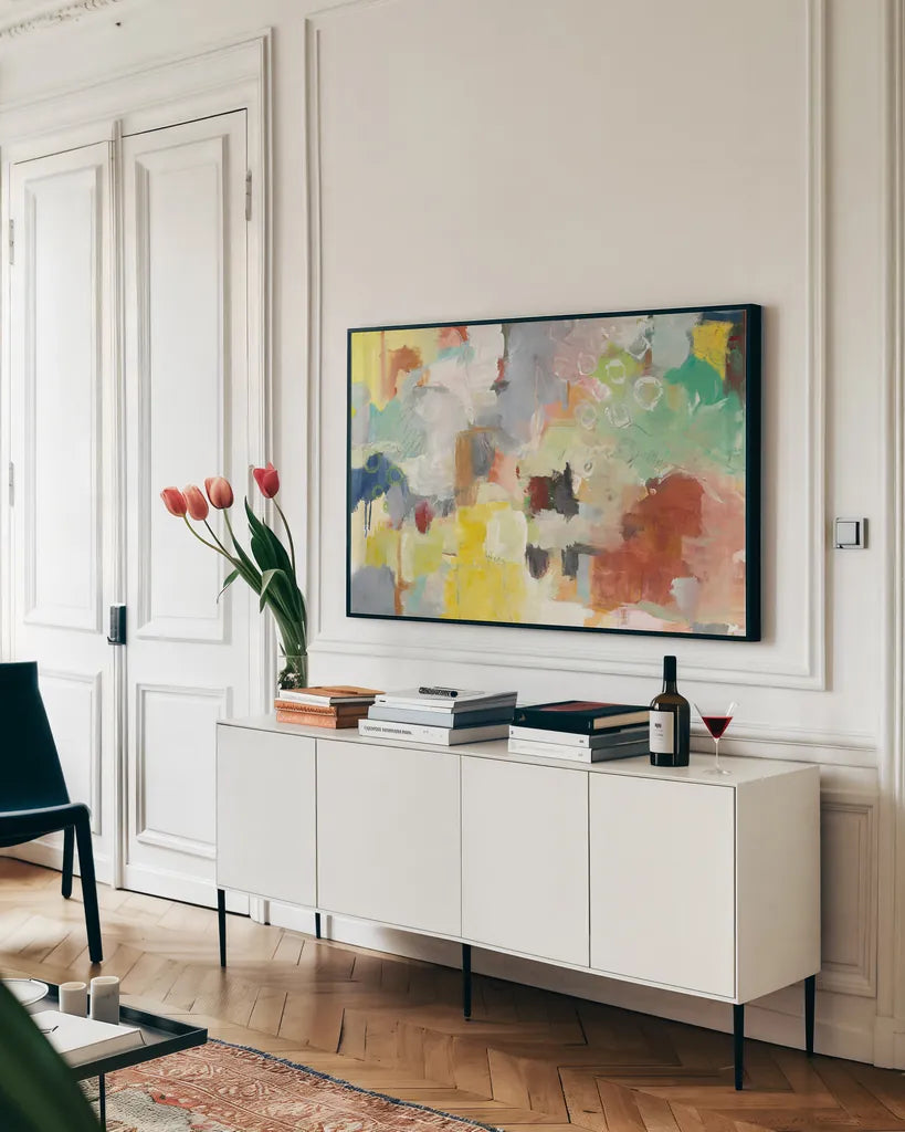 Summer Rising by Mary Urban. shown as a framed stretched canvas in a living room above a console. Available as a archival giclee rolled canvas, fine art paper, or poster print. SKU 56263i.
