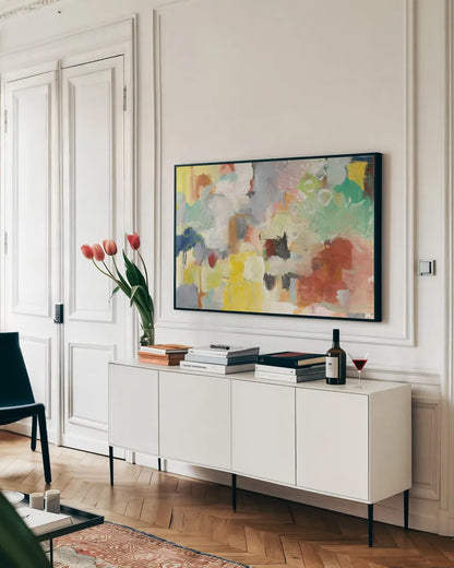 Summer Rising by Mary Urban. shown as a framed stretched canvas in a living room above a console. Available as a archival giclee rolled canvas, fine art paper, or poster print. SKU 56263i.