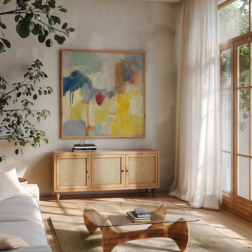 Summer Rising II Crop by Mary Urban. Shown in a natural wood frame in a cozy modern living room. Available as an archival giclee rolled canvas, fine art paper, or poster print. SKU 57487a.