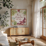 Sweet Vines V by Mary Urban. Shown in a natural wood frame in a cozy modern living room. Available as an archival giclee rolled canvas, fine art paper, or poster print. SKU 61038a.