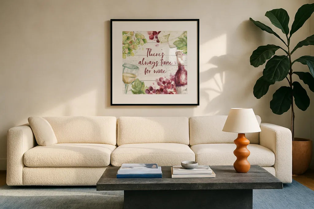 Sweet Vines V by Mary Urban. Displayed in a glass frame with matte in a clean modern living room. Available as an archival giclee rolled canvas, fine art paper, or poster print. SKU 61038a.