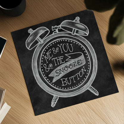The Snooze Button Chalk by Mary Urban. Shown as a detailed flat fine art print, highlighting archival giclee quality. Available as an archival giclee rolled canvas, fine art paper, or poster print. SKU 25594a.