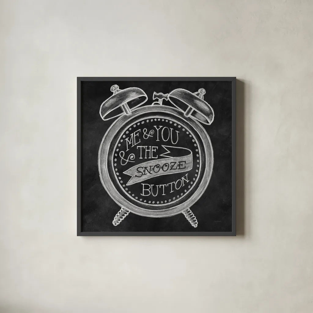 The Snooze Button Chalk by Mary Urban. Shown in a sleek black glass frame for a contemporary gallery look. Available as an archival giclee rolled canvas, fine art paper, or poster print. SKU 25594a.