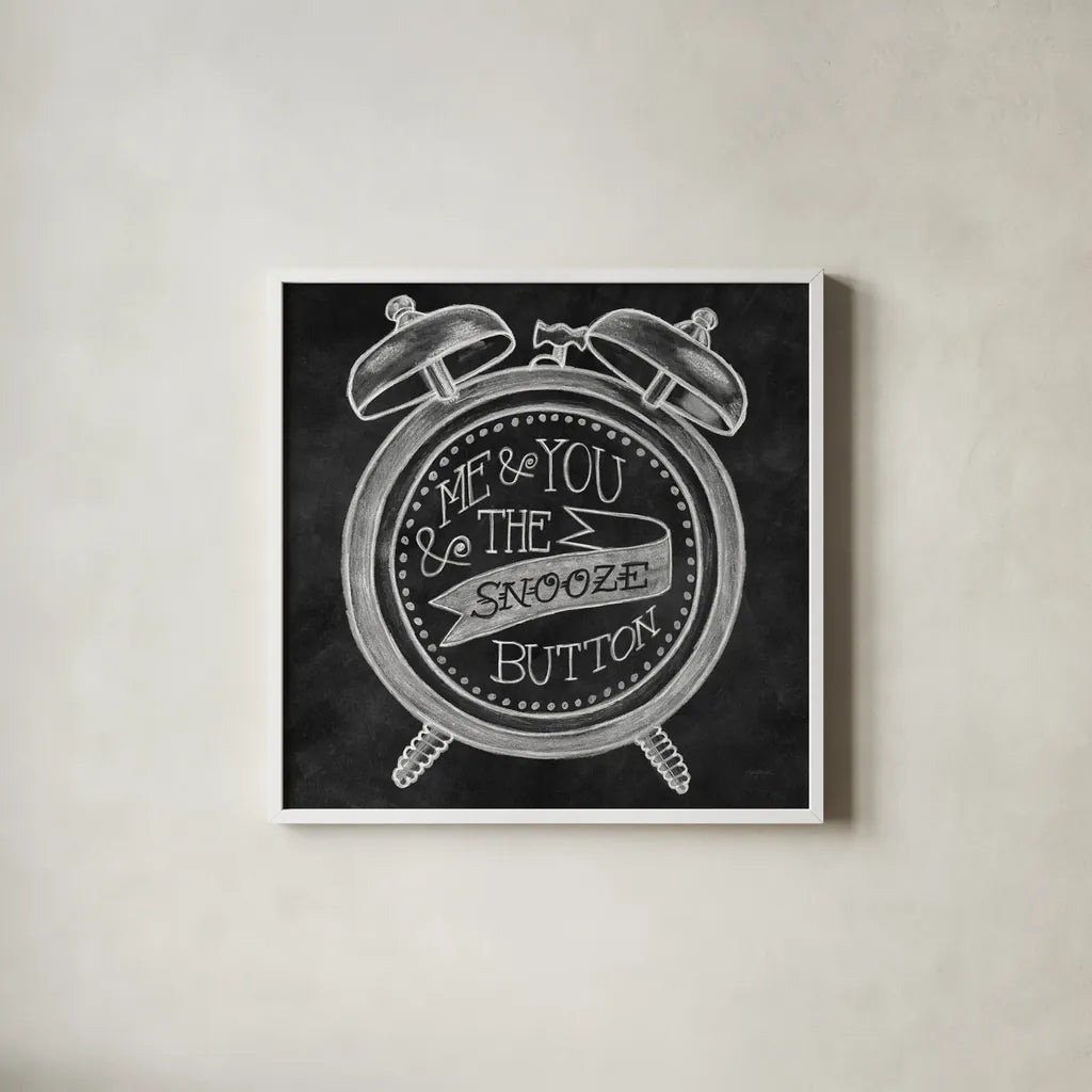 The Snooze Button Chalk by Mary Urban. Shown in a crisp white glass frame for a clean and minimalist style. Available as an archival giclee rolled canvas, fine art paper, or poster print. SKU 25594a.