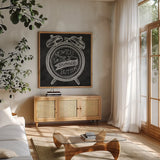 The Snooze Button Chalk by Mary Urban. Shown in a natural wood frame in a cozy modern living room. Available as an archival giclee rolled canvas, fine art paper, or poster print. SKU 25594a.