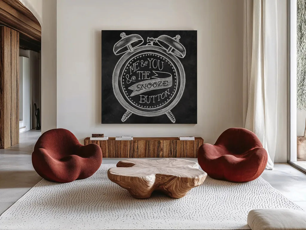 The Snooze Button Chalk by Mary Urban. Shown as extra-large giant wall art in a modern living room. Available as an archival giclee rolled canvas, fine art paper, or poster print. SKU 25594a.