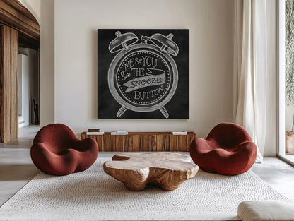 The Snooze Button Chalk by Mary Urban. Shown as extra-large giant wall art in a modern living room. Available as an archival giclee rolled canvas, fine art paper, or poster print. SKU 25594a.