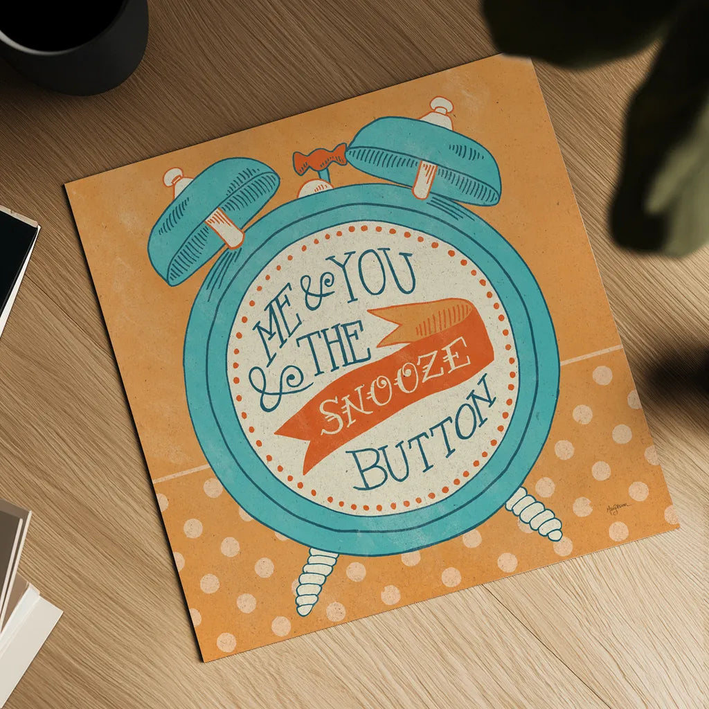 The Snooze Button Orange by Mary Urban. Shown as a detailed flat fine art print, highlighting archival giclee quality. Available as an archival giclee rolled canvas, fine art paper, or poster print. SKU 20979a.