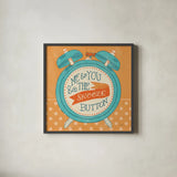 The Snooze Button Orange by Mary Urban. Shown in a sleek black glass frame for a contemporary gallery look. Available as an archival giclee rolled canvas, fine art paper, or poster print. SKU 20979a.