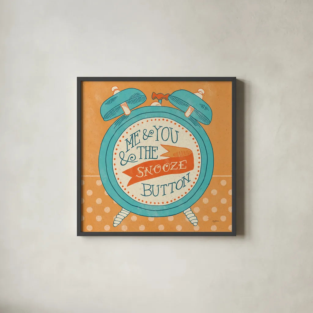 The Snooze Button Orange by Mary Urban. Shown in a sleek black glass frame for a contemporary gallery look. Available as an archival giclee rolled canvas, fine art paper, or poster print. SKU 20979a.