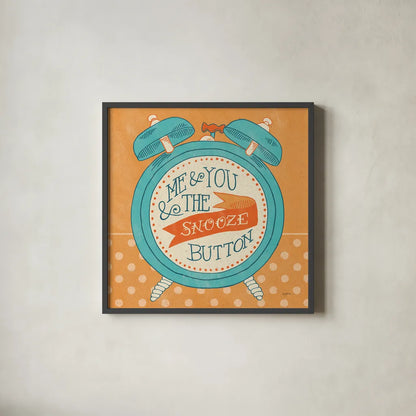 The Snooze Button Orange by Mary Urban. Shown in a sleek black glass frame for a contemporary gallery look. Available as an archival giclee rolled canvas, fine art paper, or poster print. SKU 20979a.