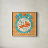 The Snooze Button Orange by Mary Urban. Shown in a natural wood glass frame for a timeless modern aesthetic. Available as an archival giclee rolled canvas, fine art paper, or poster print. SKU 20979a.