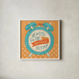 The Snooze Button Orange by Mary Urban. Shown in a crisp white glass frame for a clean and minimalist style. Available as an archival giclee rolled canvas, fine art paper, or poster print. SKU 20979a.