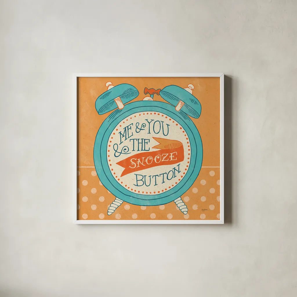 The Snooze Button Orange by Mary Urban. Shown in a crisp white glass frame for a clean and minimalist style. Available as an archival giclee rolled canvas, fine art paper, or poster print. SKU 20979a.