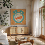 The Snooze Button Orange by Mary Urban. Shown in a natural wood frame in a cozy modern living room. Available as an archival giclee rolled canvas, fine art paper, or poster print. SKU 20979a.