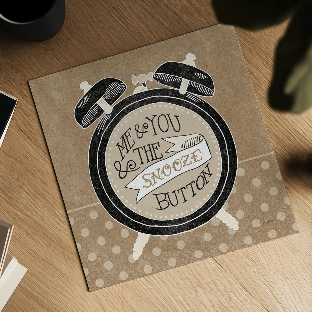 The Snooze Button Taupe by Mary Urban. Shown as a detailed flat fine art print, highlighting archival giclee quality. Available as an archival giclee rolled canvas, fine art paper, or poster print. SKU 20962a.