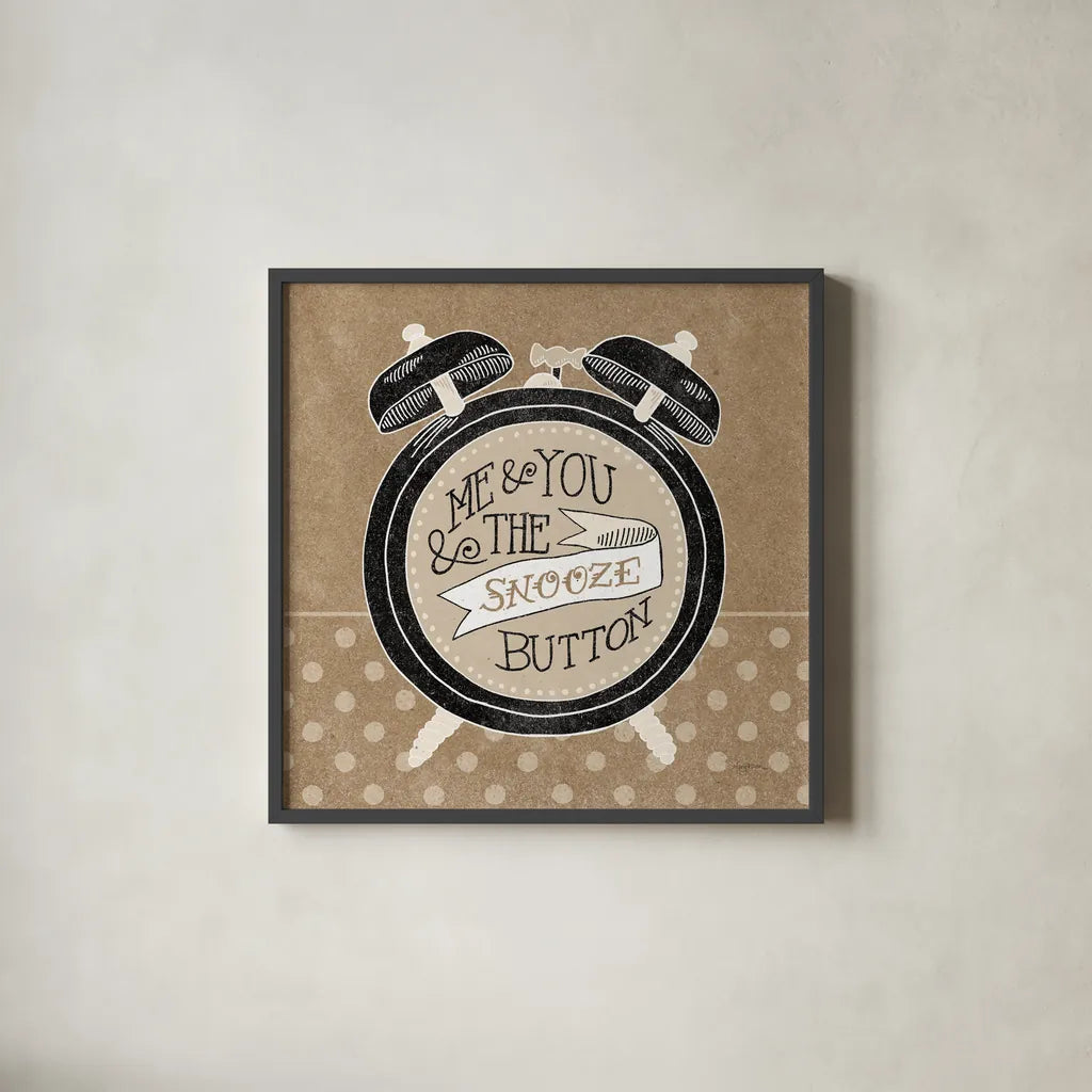 The Snooze Button Taupe by Mary Urban. Shown in a sleek black glass frame for a contemporary gallery look. Available as an archival giclee rolled canvas, fine art paper, or poster print. SKU 20962a.