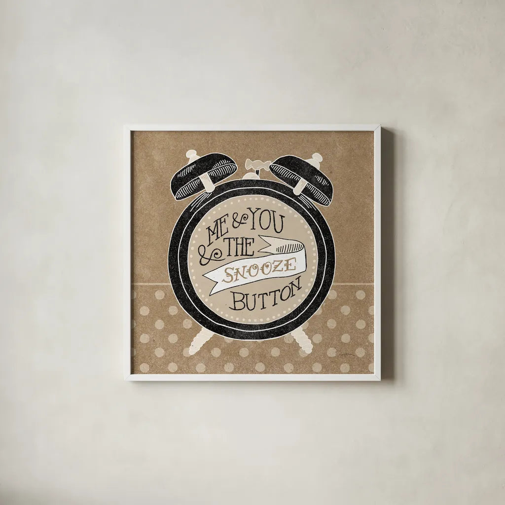 The Snooze Button Taupe by Mary Urban. Shown in a crisp white glass frame for a clean and minimalist style. Available as an archival giclee rolled canvas, fine art paper, or poster print. SKU 20962a.