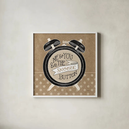 The Snooze Button Taupe by Mary Urban. Shown in a crisp white glass frame for a clean and minimalist style. Available as an archival giclee rolled canvas, fine art paper, or poster print. SKU 20962a.