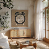 The Snooze Button Taupe by Mary Urban. Shown in a natural wood frame in a cozy modern living room. Available as an archival giclee rolled canvas, fine art paper, or poster print. SKU 20962a.
