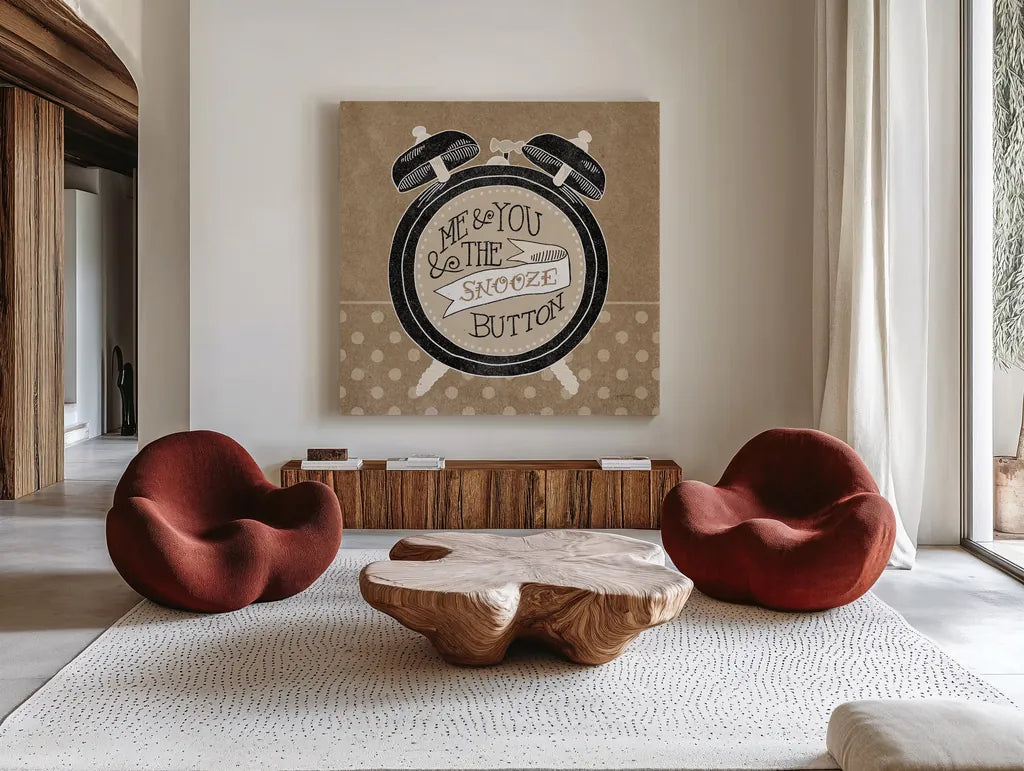The Snooze Button Taupe by Mary Urban. Shown as extra-large giant wall art in a modern living room. Available as an archival giclee rolled canvas, fine art paper, or poster print. SKU 20962a.