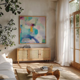 Trial and Airy by Mary Urban. Shown in a natural wood frame in a cozy modern living room. Available as an archival giclee rolled canvas, fine art paper, or poster print. SKU 35453a.