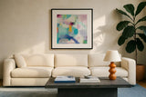Trial and Airy by Mary Urban. Displayed in a glass frame with matte in a clean modern living room. Available as an archival giclee rolled canvas, fine art paper, or poster print. SKU 35453a.