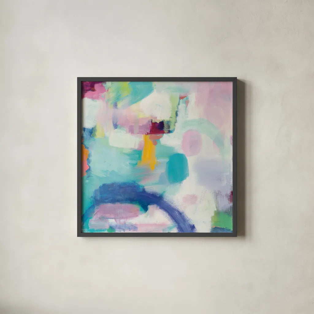 Trial and Airy Bright by Mary Urban. Shown in a sleek black glass frame for a contemporary gallery look. Available as an archival giclee rolled canvas, fine art paper, or poster print. SKU 37424a.