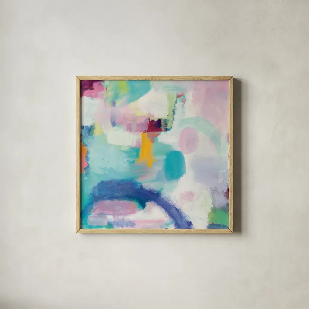 Trial and Airy Bright by Mary Urban. Shown in a natural wood glass frame for a timeless modern aesthetic. Available as an archival giclee rolled canvas, fine art paper, or poster print. SKU 37424a.