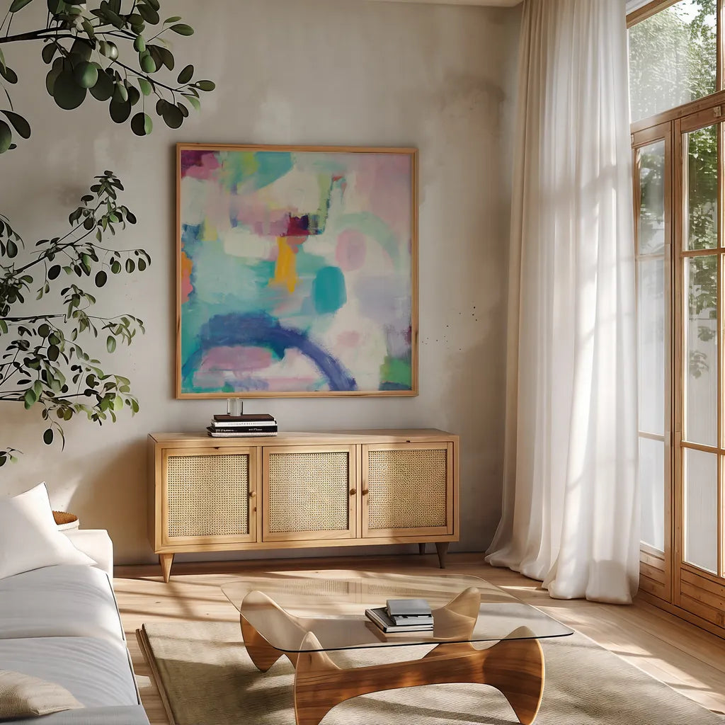 Trial and Airy Bright by Mary Urban. Shown in a natural wood frame in a cozy modern living room. Available as an archival giclee rolled canvas, fine art paper, or poster print. SKU 37424a.