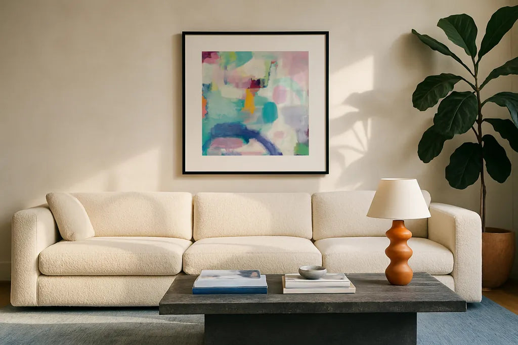Trial and Airy Bright by Mary Urban. Displayed in a glass frame with matte in a clean modern living room. Available as an archival giclee rolled canvas, fine art paper, or poster print. SKU 37424a.