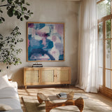 Trial and Airy Nebula by Mary Urban. Shown in a natural wood frame in a cozy modern living room. Available as an archival giclee rolled canvas, fine art paper, or poster print. SKU 36450a.