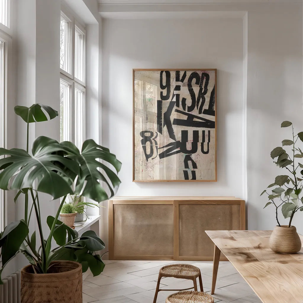 Type Abstraction I by Mary Urban. shown as a print in a natural wood frame in a dining room. Available as a archival giclee rolled canvas, fine art paper, or poster print. SKU 34408h.